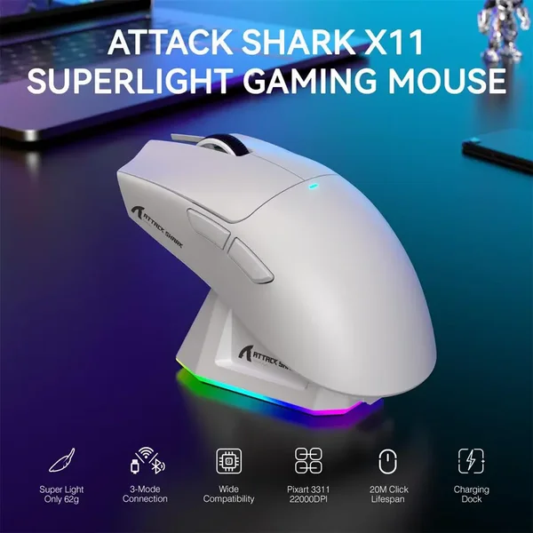 ATTACK SHARK X11 Wireless Gaming Mouse, PixArt PAW3311 Sensor, Tri-Mode BT/2.4G/Wired, 63g Ultra-Light, 65Hrs Battery, With Charging Dock, White