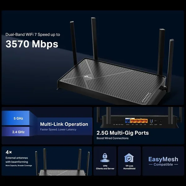 TP-Link Archer BE230 BE3600 Dual-Band Wi-Fi 7 Router, 4× External Antennas, 2×2.5 Gbps Ports, Quad-Core CPU