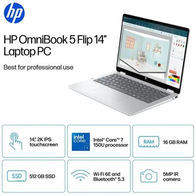 HP OmniBook 5 Flip 14-FP0023DX 2-in-1 14" 2K Touch-Screen Laptop | Intel® Core™ 7 150U 16GB DDR5 512GB SSD Backlit KB 14" FHD+ Touchscreen | Glacier Silver