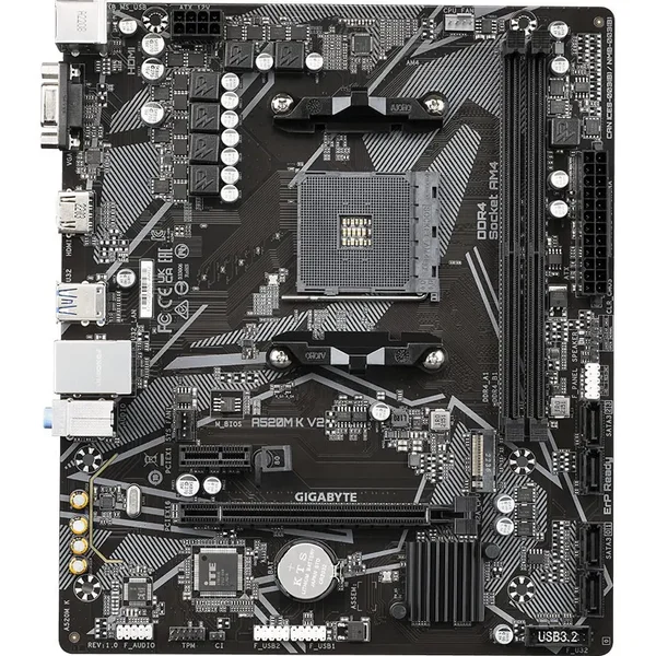 Gigabyte A520M K V2 Motherboard, AMD A520, PCIe Gen3 x4 M.2, Dual Channel DDR4
