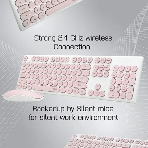Rapoo X260S Wireless Optical Mouse and Keyboard Combo, 2.4G Wireless, 10M Range, Spill-Resistant, Retro Round Key Cap, 1000 DPI, Pink