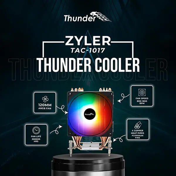 Thunder Zyler TAC-1017 ARGB CPU Air Cooler – 4 Copper Heatpipes, Single Fan