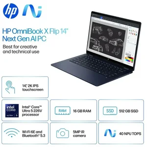 HP OmniBook X FlipNGAI 14-FM0013DX Laptop, Intel Core Ultra 5 226V, 16GB LPDDR5x, 512GB PCIe Gen4 NVMe M.2 SSD, Windows 11 Home, Backlit Keyboard, 14″ 2K Touchscreen, Atmospheric Blue