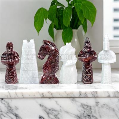 Handcrafted Red Zebra and White Marble Royal Bishop Series Chess Pieces Set – Luxury Natural Stone Tournament Chessmen 