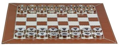 Luxury Walnut Brown Leather Rollup Chess Set – Marble Checkers, Metallic Trim, Zig-Zag Stitching & Leather Storage Tube