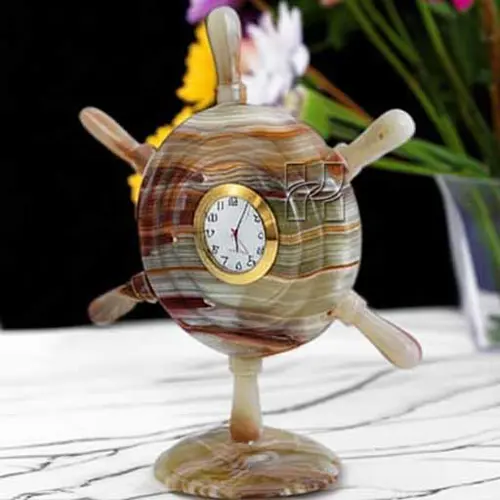Hand-Carved Green Onyx Ship Wheel Clock | Natural Stone Nautical Desk Accessory for Home Office Decor