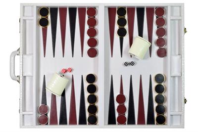 Luxury White Faux Leather Attache Backgammon Set with Dice Cups, 15 Silver & 15 Gold Plated Edge Checkers