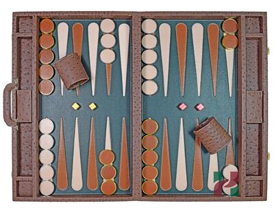 High-End Faux Leather Backgammon Set – Ostrich Texture, Inlaid Points & Metallic Checkers