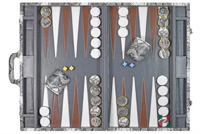 Multi-Grey Faux Snake Leather Attache Backgammon Set with Inlaid Points and Dice Cups – Luxury Travel Game Case