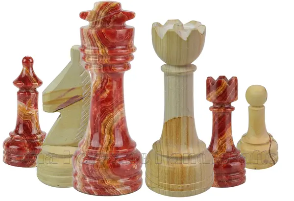 Premium Red Onyx Marble and Burma Teak Chess Pieces Set – Heirloom Quality Tournament Size