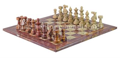 Luxurious Red Onyx & Coral Marble European Style Chess Set with Faux Leather Storage Box – Handcrafted Stone Chess Pieces