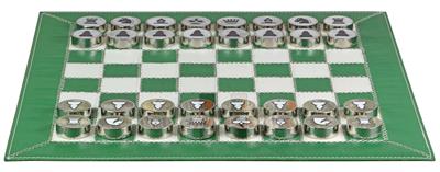 Splash Green Leather Roll-Up Chess Set with Zig-Zag Stitching – Marble Checkers with Metallic Edge & Leather Storage Tube