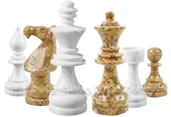 Handcrafted Coral Fossil and White Marble Staunton Chess Pieces Set - Luxury Stone Chessmen for Collectors