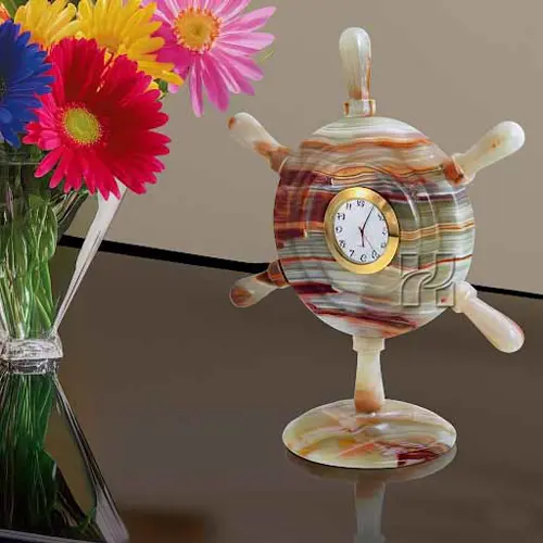 Hand-Carved Green Onyx Ship Wheel Clock | Natural Stone Nautical Desk Accessory for Home Office Decor