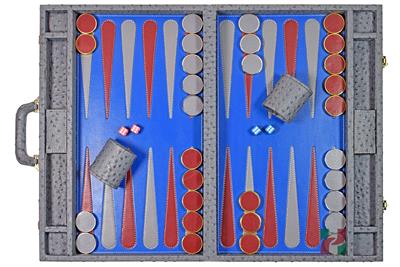 Luxury Gray Ostrich-Textured Faux Leather Backgammon Attache – 21x14x3” Case with Inlaid Playing Points