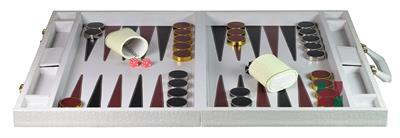 Luxury White Faux Leather Attache Backgammon Set with Dice Cups, 15 Silver & 15 Gold Plated Edge Checkers