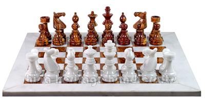 Luxury White Marble & Red Onyx European Style Chess Set with Faux Leather Storage Box – Handmade Stone Chessboard Game for Home Decor & Gifts