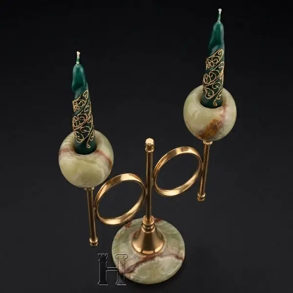 Natural Green Onyx Stone Dual Branch Cygnus Candle Holder with Gold Brass Accents – Luxury 2-Light Decorative Candelabra