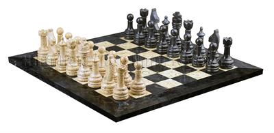 Jet Black & Coral Marble Natural Stone Chess Set With Rustic Series Chess Pieces 