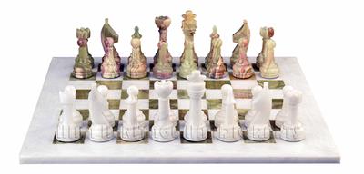 White Marble & Green Onyx Natural Stone Chess Set With Rustic Series Chess Pieces 