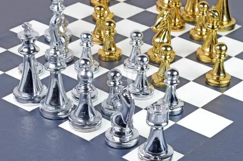 16-Inch Navy Blue Leather Chess Table with Handcrafted Brass Chess Pieces – hinaheritagehandicraft