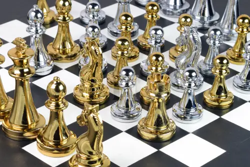 Handcrafted 16 Inch Rounded Chess Table with Storage, featuring Deluxe Golden & Silver Brass Chessmen