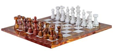 Luxury Red Onyx and White Marble European Chess Set with Faux Leather Storage Box – Handcrafted Stone Chessboard & Pieces for Collectors and Gift