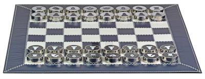 Dark Blue Cow Nappa Leather Roll Up Chess Set with Marble Metallic Edge Checkers & Leather Storage Tube – Travel Chess Game USA