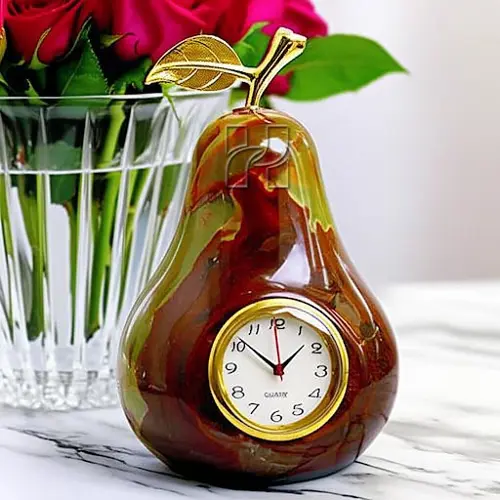 Hand-Carved Peach Shape Green Onyx Clock – Elegant Natural Stone Décor for Home and Office