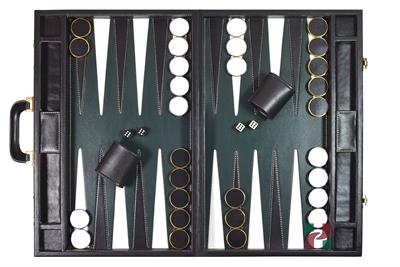 Faux Leather Attache Backgammon Set – Jet Black Case with Inlaid Playing Points & Metallic Edge Checkers