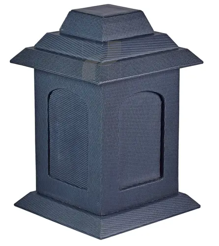Handcrafted Dark Blue Checkered Leather Pagoda Cremation Urn for Human Ashes – Elegant Memorial Keepsake with Unique Pattern