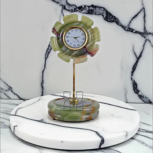 Green Onyx Sunflower Style Mini Clock – 4 Inch Decorative Stone Clock for Table, Shelf & Mantel Display