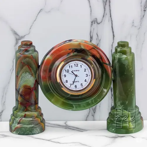 Handmade Green Onyx Twin Pillar Clock 4 Inch Dial – Premium Natural Stone Desk Clock for Modern Decor
