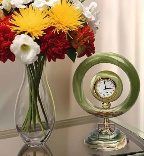 Handcrafted Green Onyx Ring Clock – Luxury Marble Stone Table Clock for Office or Living Room