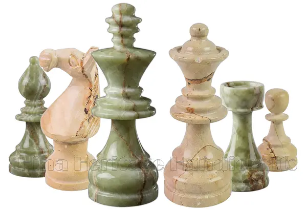 Exquisite 3.5-Inch King Staunton Chess Pieces Set in Genuine Green Onyx and Premium Burma Teak – Artisan Hand-Carved Stone Chessmen