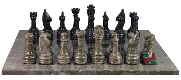 Oceanic  & Jet Black Marble Natural Stone Chess Set With Rustic Series Chess Pieces 