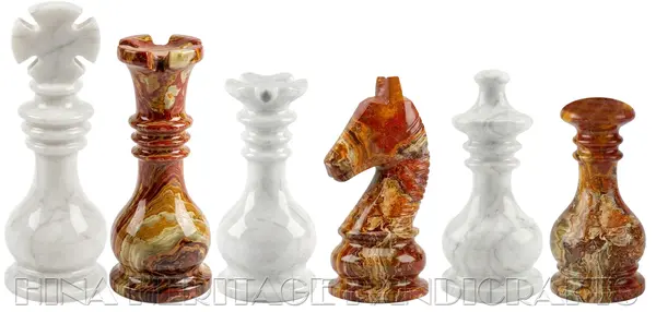 Premium Monarch Gambit Chess Pieces | Hand-Carved Red Onyx and White Marble Luxury Set for Collectors