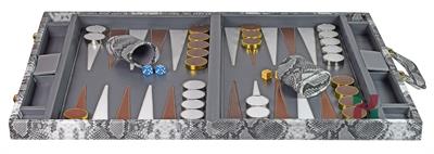 Multi-Grey Faux Snake Leather Attache Backgammon Set with Inlaid Points and Dice Cups – Luxury Travel Game Case