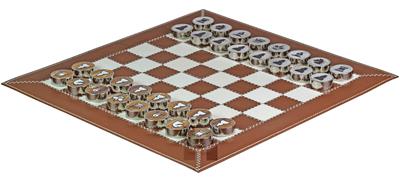 Luxury Walnut Brown Leather Rollup Chess Set – Marble Checkers, Metallic Trim, Zig-Zag Stitching & Leather Storage Tube