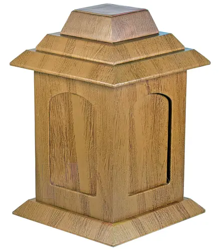 Handcrafted Leather Pagoda Cremation Urn with Elegant Wood Pattern Finish – Asian-Inspired Funeral Memorial Box for Human Ashes