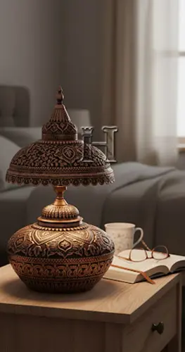 Imperial Hand-Etched Copper Table Lamp with Dome Shade – Vintage Copper Finish Bedside Nightstand Light, Handmade Engraved Home Décor Lighting