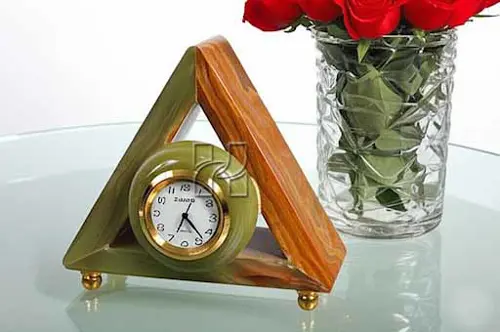 Handcrafted Triangular Green Onyx Clock with Brass Stand | Elegant Home or Office Decor