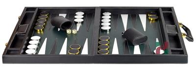 Faux Leather Attache Backgammon Set – Jet Black Case with Inlaid Playing Points & Metallic Edge Checkers