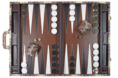Elegant Multi-Toned Rustic Color Faux Leather Attache Backgammon Set – Snake Skin Texture, Inlaid Points, Dice Cups, and Attache Case