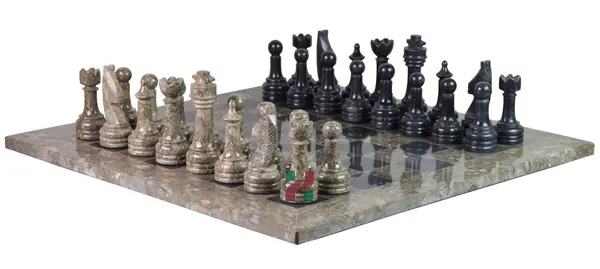 Oceanic  & Jet Black Marble Natural Stone Chess Set With Rustic Series Chess Pieces 