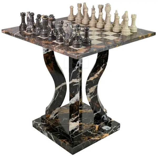 Handcrafted Arc Pedestal Marble Chess Table – Luxury Black Gold and Verona Stone Game Set
