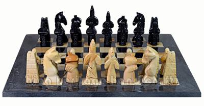 Luxurious Black & Burma Teak Marble Chess Set | Royal Bishop Series | Handcrafted Stone Chessboard & Pieces | Faux Leather Storage Box