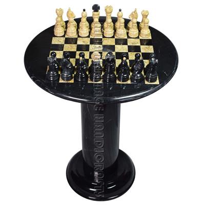 Jet Black & Coral Marble Natural Stone Chess Table With Classic Series Chess Pieces 