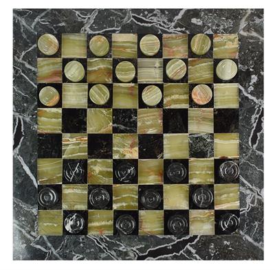Elegant Black Zebra & Green Onyx Marble Checkers Set – Handcrafted Luxury Board Game