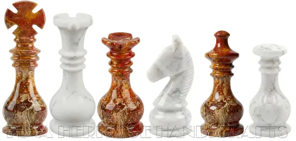 Premium Monarch Gambit Chess Pieces | Hand-Carved Red Onyx and White Marble Luxury Set for Collectors